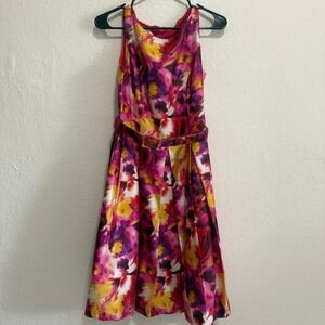 Evan Picone Pink Purple Yellow Floral Midi Dress with Belt
